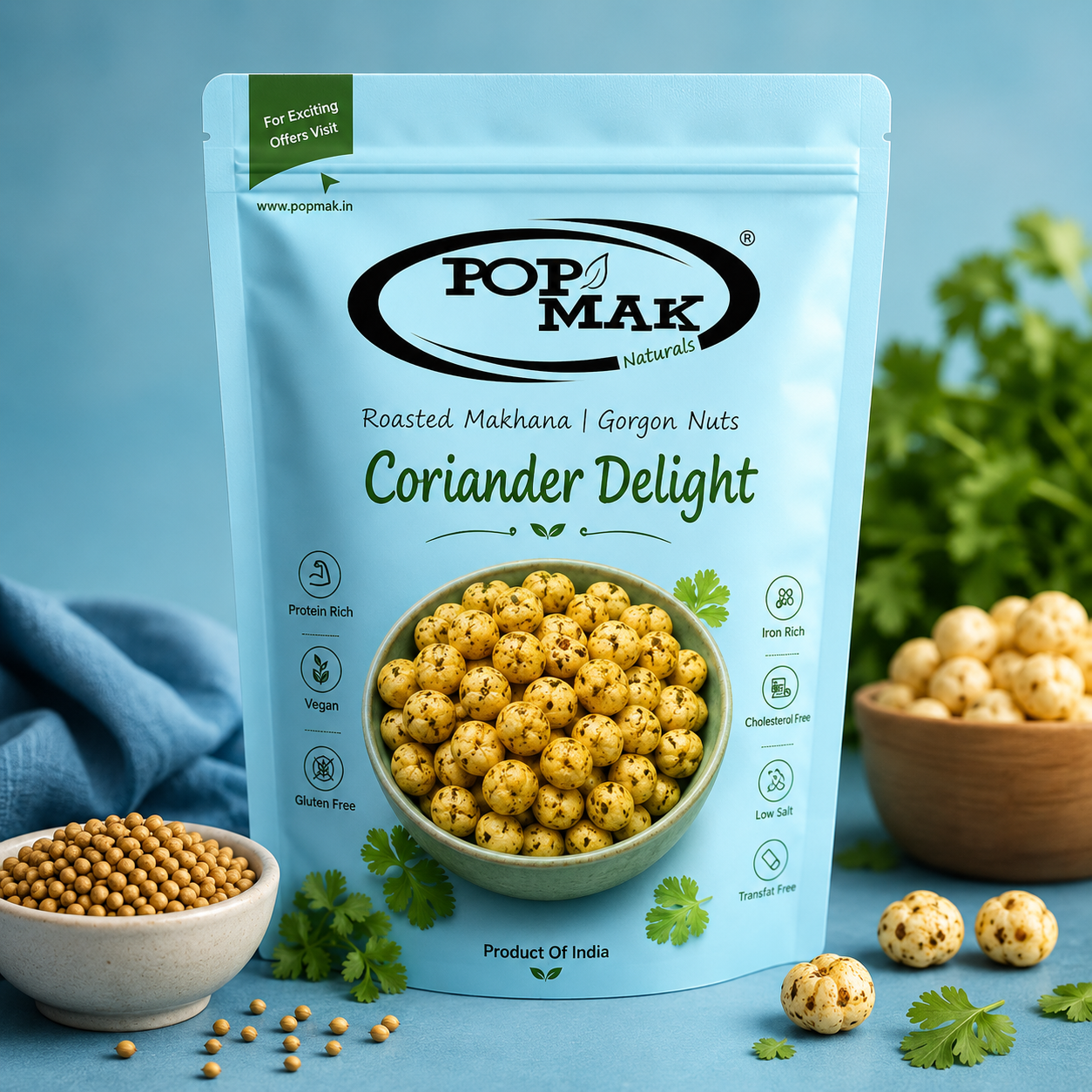 Roasted Makhana Coriander Delight | Crunchy Fox Nuts Snack | Protein & Fiber Rich | Light & Healthy Snacking | 55g