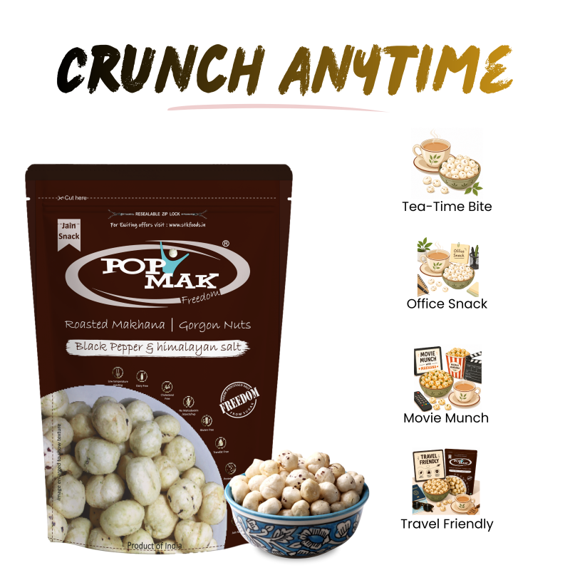 POPMAK Roasted & Flavoured Makhana – Black Pepper & Himalayan Salt (80g) | Healthy Snack | Gorgon Nuts