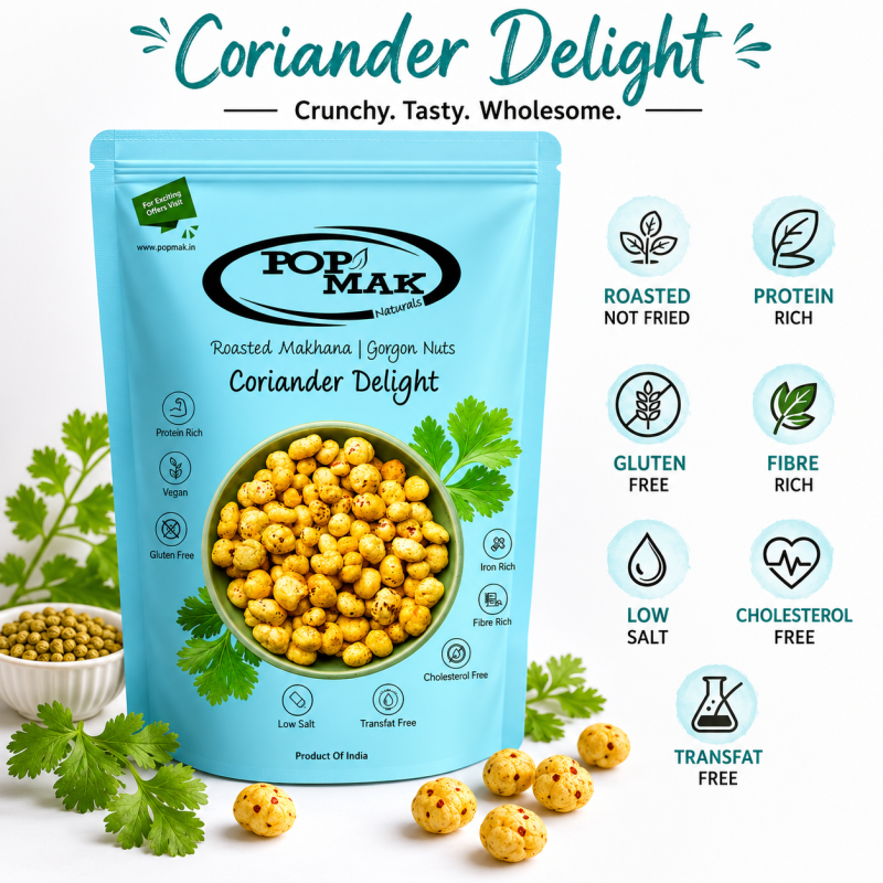 Popmak Roasted Makhana Coriander Delight | Crunchy Fox Nuts Snack | Protein & Fiber Rich | Light & Healthy Snacking | 80g