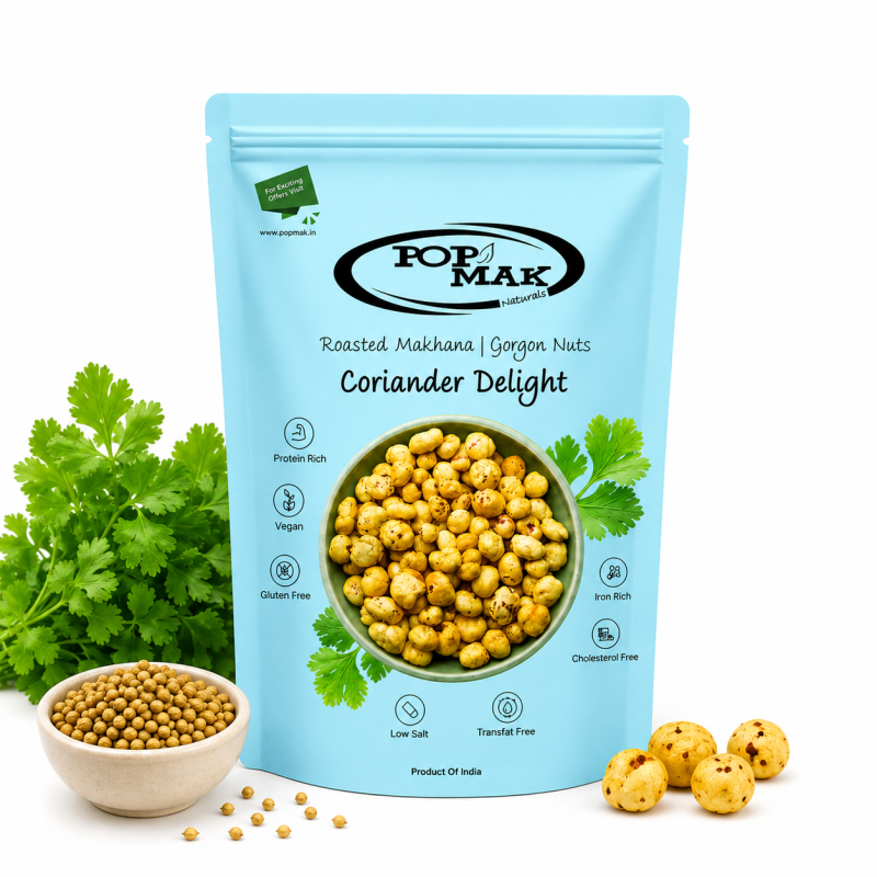 Popmak Roasted Makhana Coriander Delight | Crunchy Fox Nuts Snack | Protein & Fiber Rich | Light & Healthy Snacking | 80g