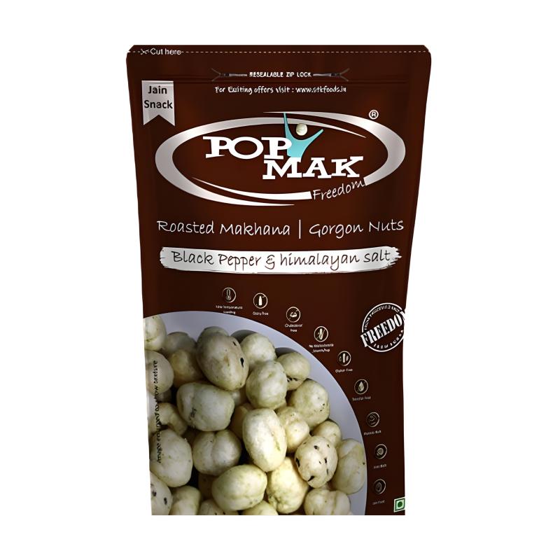 POPMAK Roasted & Flavoured Makhana – Black Pepper & Himalayan Salt (80g) | Healthy Snack | Gorgon Nuts